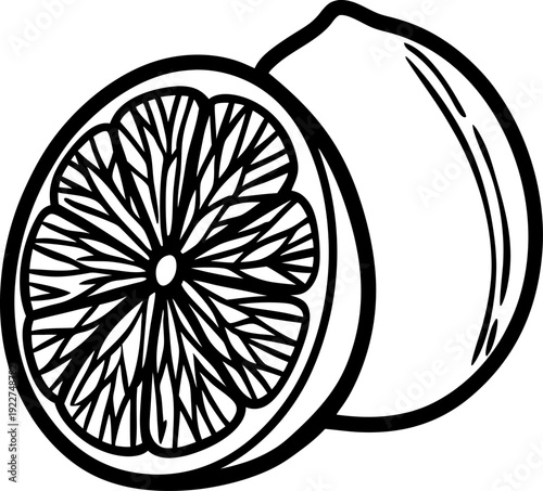 Lemon fruit illustration with whole lemon and half lemon slice in black and white outline