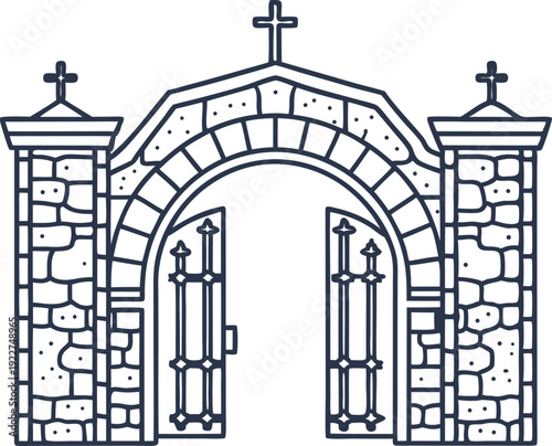 Medieval stone arch gateway with iron gates and crosses, historic fortress entrance design