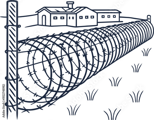 Barbed wire fence around prison or secured facility with buildings and grass landscape drawing