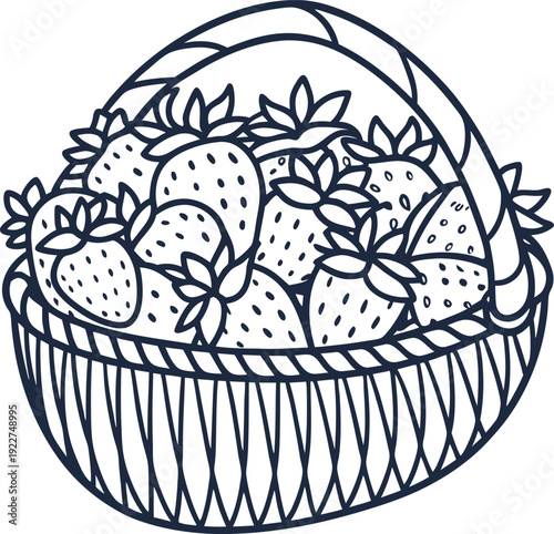 Basket of strawberries hand drawn fruit basket full of fresh strawberries with leaves simple coloring outline drawing