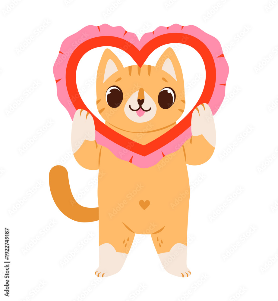Fototapeta premium Cute Cat Holding Heart Frame. Adorable cartoon cat holding red heart frame, perfect for Valentine cards, romantic messages, love stickers and cute holiday designs.