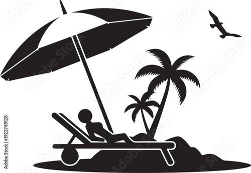 A person relaxing on a beach chair under an umbrella with palm trees and a bird flying overhead.