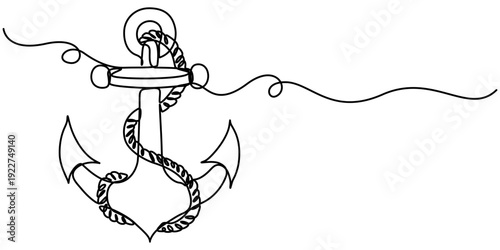 anchor continuous one line drawing, anchor continuous one line drawing and vector illustration, Minimalist outline line art anchor on a white background. 