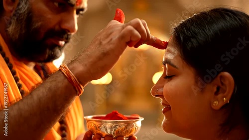 Indian priest applying vermilion to woman.