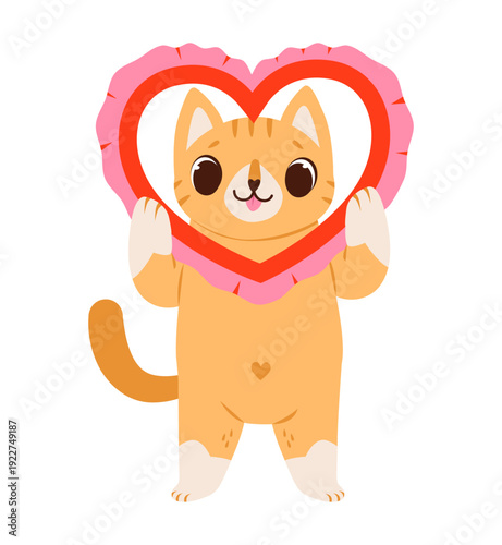 Cute Cat Holding Heart Frame. Adorable cartoon cat holding red heart frame, perfect for Valentine cards, romantic messages, love stickers and cute holiday designs.