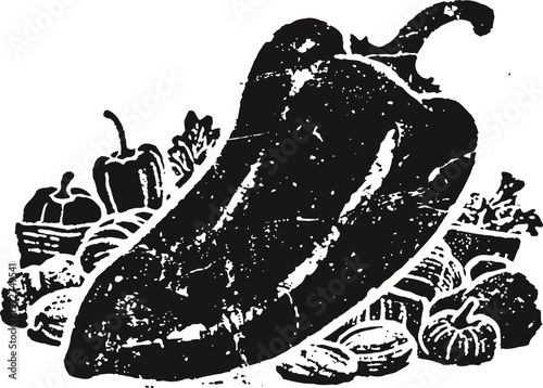 Vintage illustration of chili pepper with assorted vegetables in rustic