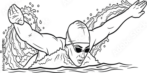 A swimmer in a butterfly stroke, wearing goggles and a cap, is illustrated in black and white.