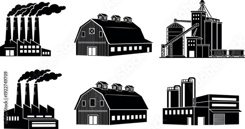 Industrial buildings silhouette collection featuring factories, barns and processing plants, manufacturing architecture icons for industry and agriculture isolated on white background set