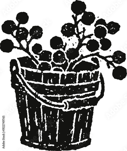 Wooden bucket filled with round berries and leaves vintage hand drawn illustration