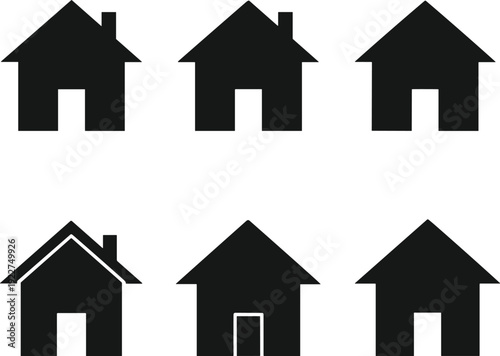 WebBlack house icons set with chimney and door, minimalist property silhouette vectors for real estate, mortgage, home insurance, and construction.