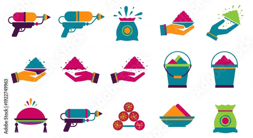 Colorful holi festival icons set with powder and water guns for celebration and fun