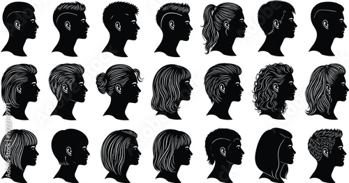 WebMen and women hairstyle silhouettes collection, diverse short and long hair profile portraits isolated on white background vector illustration set