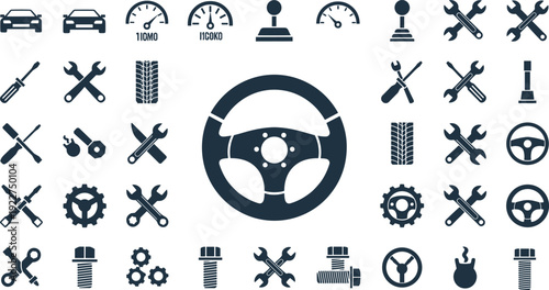 WebCar repair icons set, automotive service symbols including steering wheel, tools, wrench, screwdriver, gear, tire, bolt, and dashboard gauges silhouettes