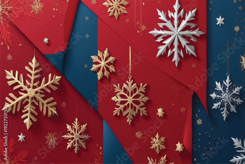 red and blue christmas background with silver and gold foil.