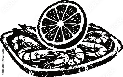 Grilled shrimp platter with lemon slice on a dish, seafood meal illustration