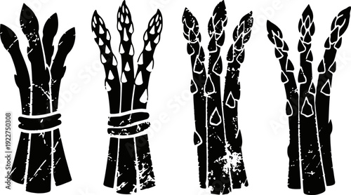 vintage asparagus bundles, monochrome silhouettes with textured distressed effect, organic vegetable illustration
