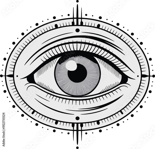 WebMystical all seeing eye vector illustration, occult providence symbol with celestial geometric details, esoteric third eye line art for spiritual, tattoo.