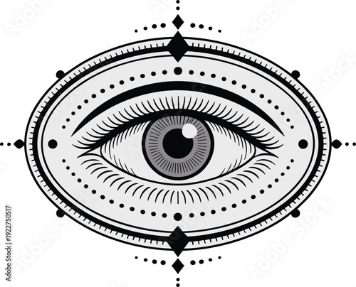 WebMystical all seeing eye vector illustration, occult providence symbol with celestial geometric details, esoteric third eye line art for spiritual, tattoo.