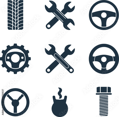 WebCar, repair, icons, set, automotive, service, symbols, including, steering, wheel, tools, wrench, screwdriver, gear, tire, bolt, and, dashboard, gauges, silhouettes