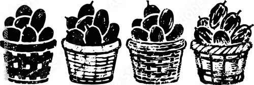 four rustic baskets filled with assorted fresh fruit in vintage ink illustration