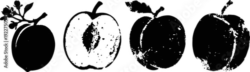 silhouette set of four whole and halved peaches with leaves and stem isolated on white