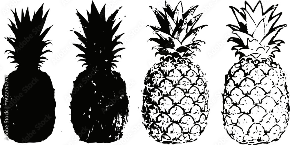 Naklejka premium black and white pineapple silhouettes and detailed sketches set with tropical fruit patterns