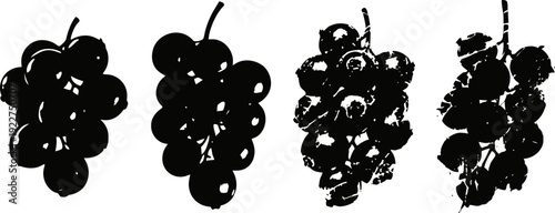 black silhouette bunches of grapes set different grape shapes with stems isolated on white background
