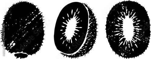 Kiwi fruit silhouettes whole and sliced tropical fruit with seeds and textured skin in black and white design