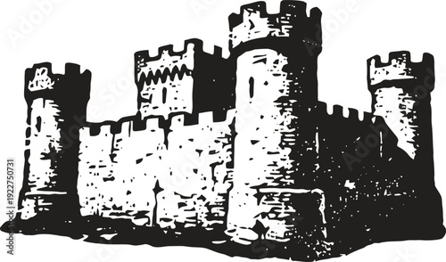 Ancient medieval stone castle with towers and battlements silhouette vintage drawing