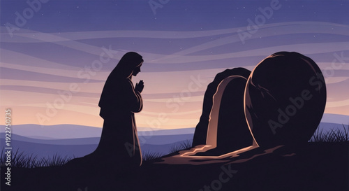 Silhouette of woman praying beside an ancient stone tomb at sunrise or sunset with mountains in the background