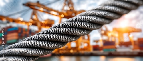 Close-up View of Industrial Steel Rope with Shipping Cranes and Containers in Background at Port Terminal
