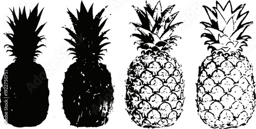 black and white pineapple silhouettes and detailed sketches set with tropical fruit patterns