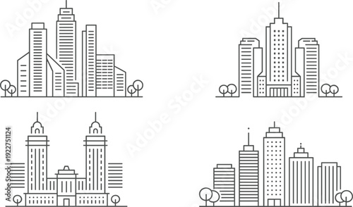 Modern city skyline line art collection featuring urban skyscrapers and downtown buildings isolated on white background, architecture and metropolitan design illustration set