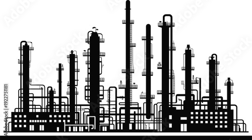 Oil refinery and industrial plant silhouette with pipelines and towers isolated on white background, petrochemical factory and energy production concept illustration