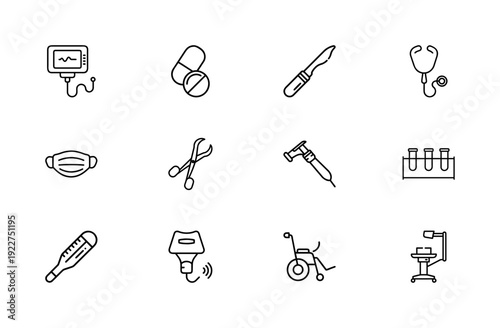 Medical Line Icons Set, Healthcare Equipment Vector on White Background