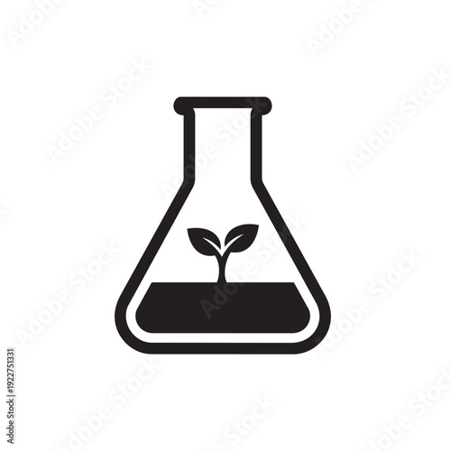 Erlenmeyer Flask with Plant Sprout Silhouette Vector - Laboratory Botany and Biotechnology Research Graphic