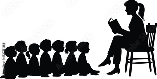 Teacher reading book to group of children silhouette isolated on white background, classroom storytelling and early education concept illustration for school and learning