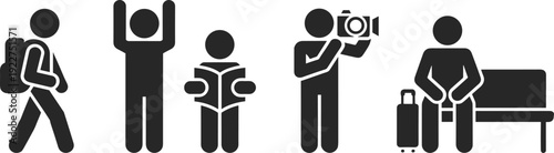 Travel and lifestyle people icons set with backpacker, reader, photographer and passenger waiting on bench, black silhouette illustration isolated on white background