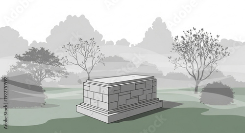 Gray stone monument in a serene landscape with trees and misty mountains