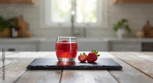 Fresh Strawberry Juice in a Glass with Whole Strawberries on the Kitchen Table.