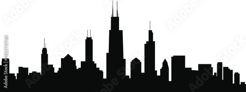 Urban city skyline silhouette with skyscrapers isolated on white background, modern downtown architecture and metropolitan landscape illustration