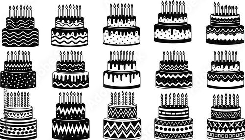 Birthday Cake Collection with Candles Black and White Vector Set Decorative Celebration Dessert Illustration Bundle Design