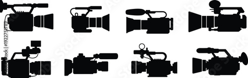 Professional camcorder and video camera silhouette set isolated on white background, broadcast media production and filmmaking equipment icon collection