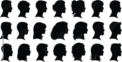 WebCollection of Male and Female Head Profile Silhouettes, Featuring Diverse Hairstyles and Face Contours, for Human Avatar and Identity Design,