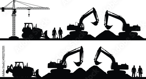 WebVector black silhouettes of construction site equipment featuring excavators, bulldozers, cranes, workers and piles of soil isolated on white background.