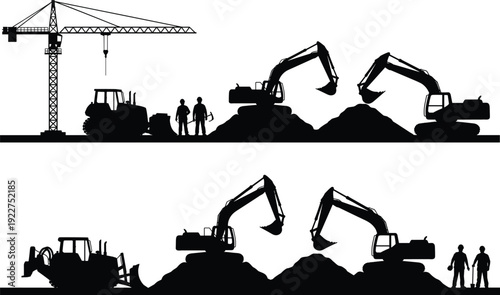 WebConstruction site silhouette vector set with excavators, bulldozer, tower crane, heavy machinery, workers, and earth moving equipment on white background