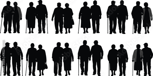 WebElderly couple silhouettes walking together, senior man and woman with walking sticks, set of old people strolling in different poses.