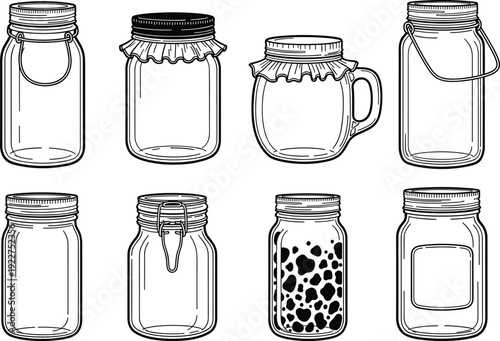 WebGlass mason jar collection set, vintage storage containers with lids handle clamp and label, kitchen packaging vector illustration