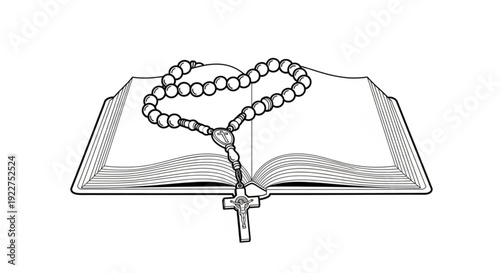 Open religious book with rosary beads and cross on white background symbolizing faith and spirituality in simple black line art illustration