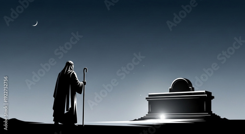 Silhouette of a man in a robe standing beside a glowing tomb at night under a crescent moon
